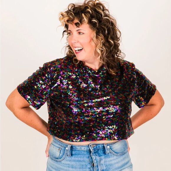 Fringe & Co NWT Rainbow Sequin Crop Top XXXL - Picture 2 of 10